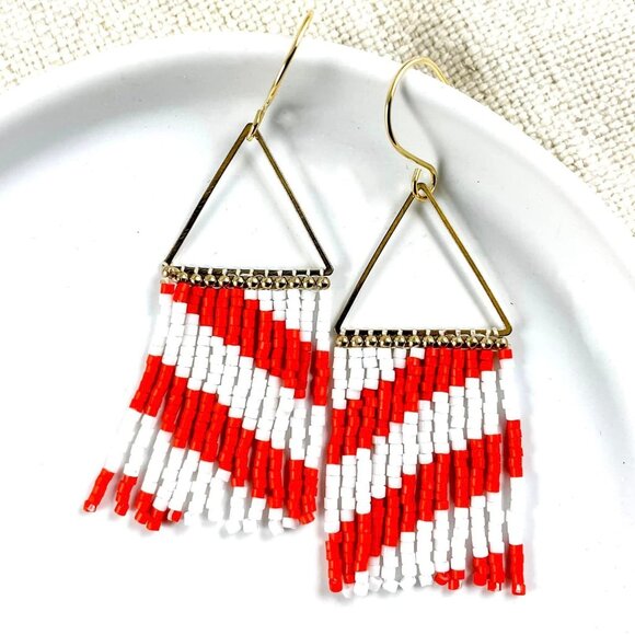 Red White Striped Seed Beaded Gold Dipped Boho Style Hook Earrings - Picture 1 of 3